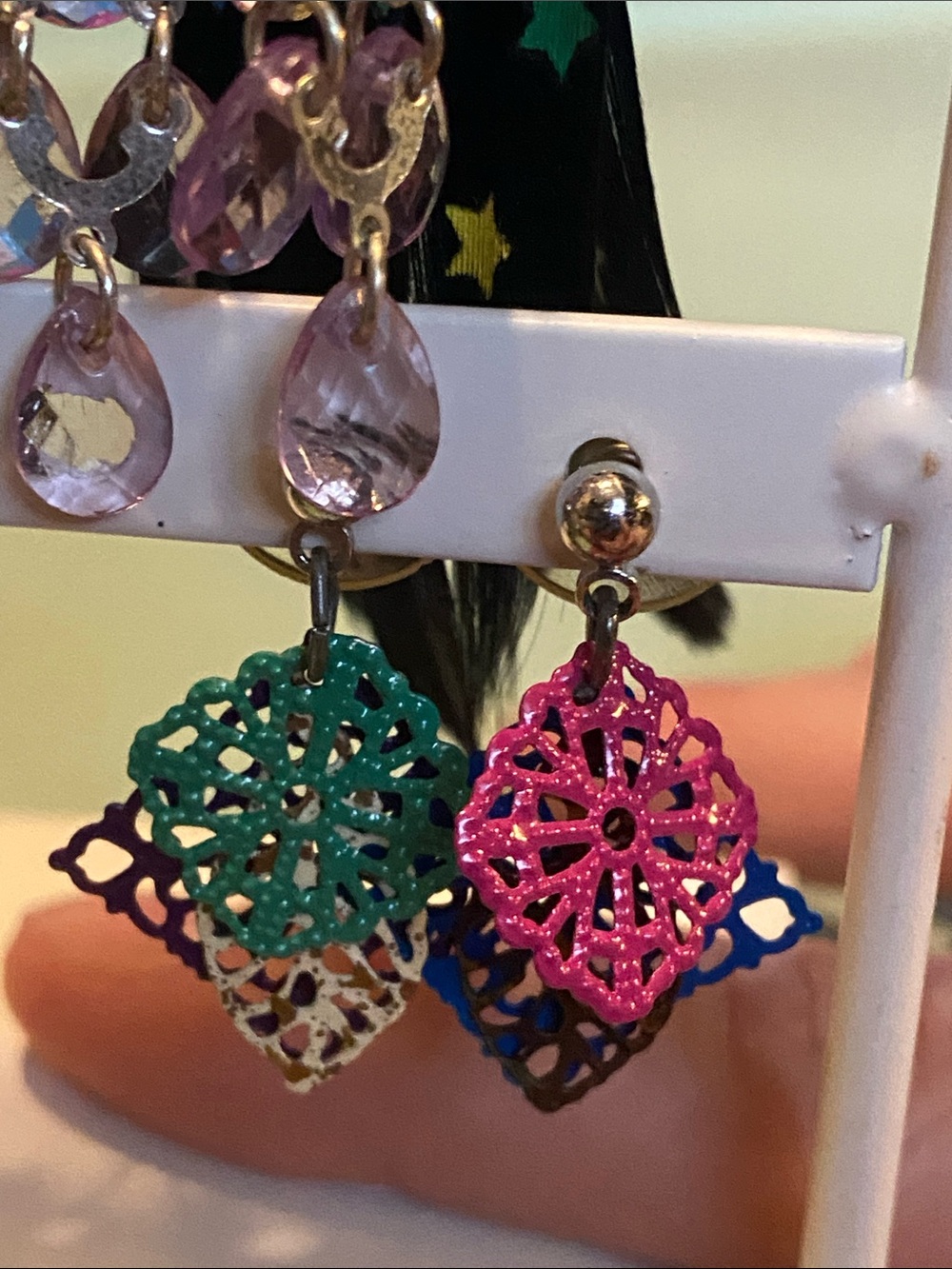 Handmade Colorful Filigree Drop Earrings - Pink & Teal